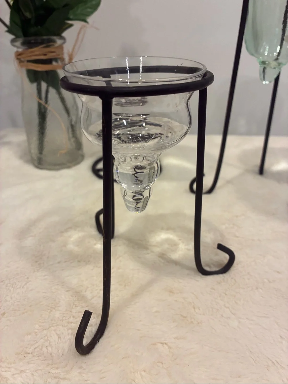 Green Tinted and Glass Candle Holders on Wrought Iron Metal Stand Set of 3